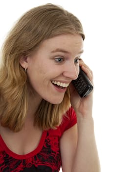 Young woman is happy on the phone over white background