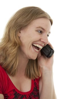 Young woman is happy on the phone over white background