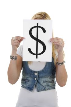 Woman is holding a dollar mark over white background