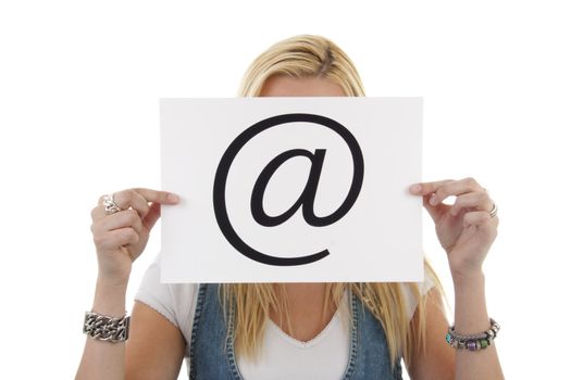 Woman is holding a at sign, isolated on white background