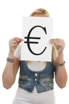 Woman is holding euro mark over white background
