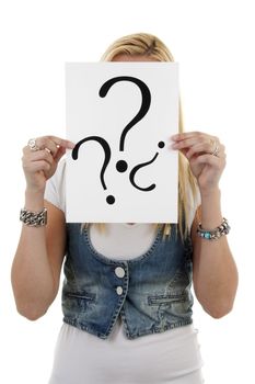 Woman is holding question mark over white background
