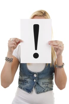 Woman is holding a exclamation mark over white background