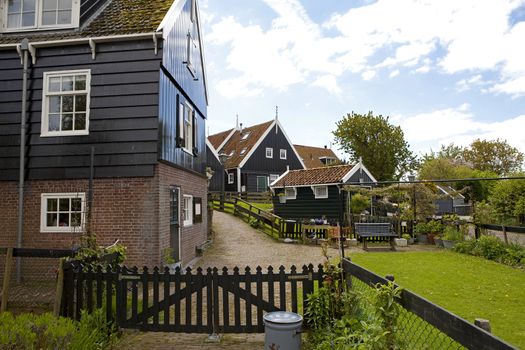 Typical Dutch houses with gardens in village Marken, Netherlands
