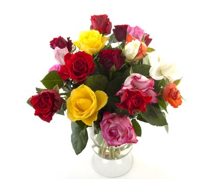 Bouquet of colorful roses in vase over white background