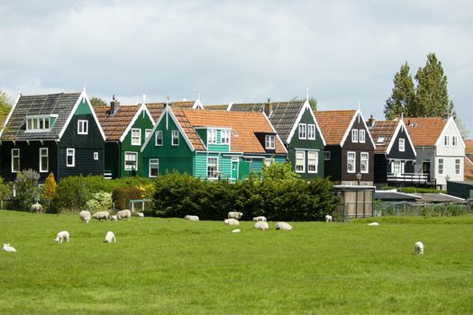 view over typical Dutch houses in the village Marken