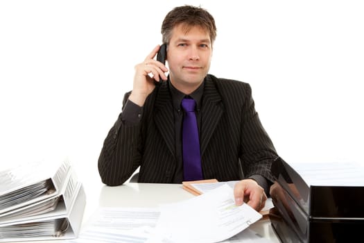 Businessman at work is calling on the phone over white background