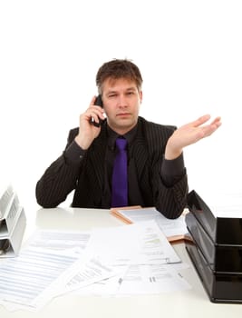 Businessman at work is calling on the phone over white background