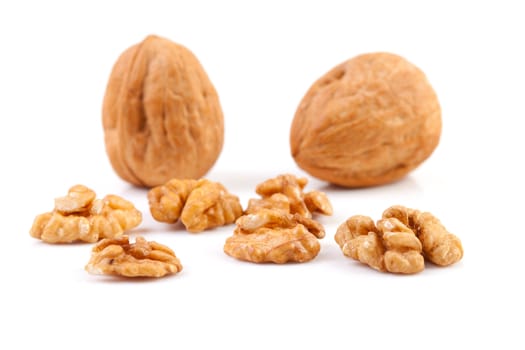 pieces and whole walnut isolated on white background