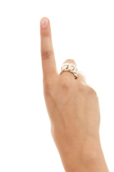 Woman's hand counting with open forefinger number 1 over white background