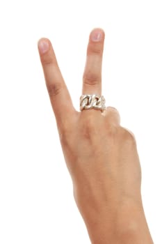 Woman's hand counting  number 2 over white background