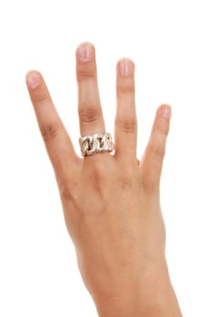 Woman's hand is counting number 4 over white background