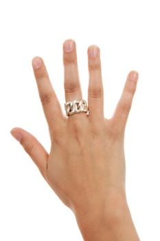 Woman's hand is counting number 5 over white background