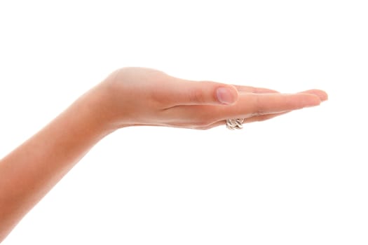Open empty woman's hand over white background