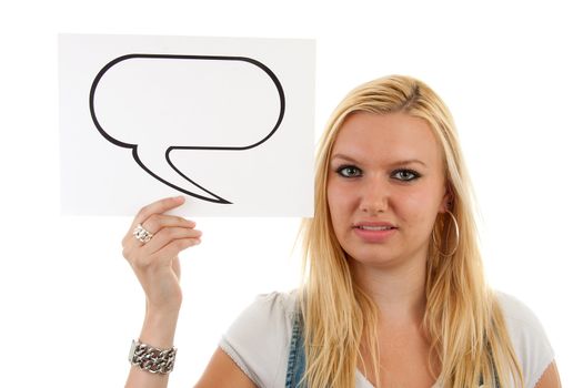 portrait of young blonde woman holding tekst balloon over white background