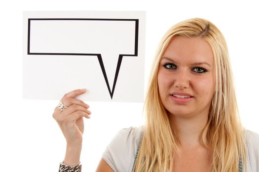 portrait of young blonde woman holding tekst balloon over white background