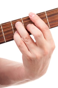hand is playing the guitar in closeup over white background