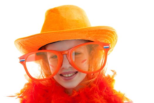 girl posing in orange outfit for soccer game or Dutch Queensday over white background