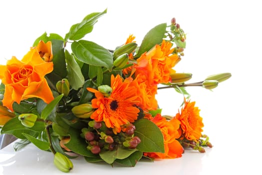 Bouquet of orange flowers over white background