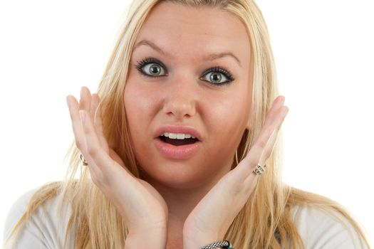 Young blonde woman is looking surprised over white background