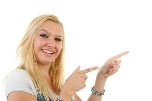 young blonde woman is ponting over white background
