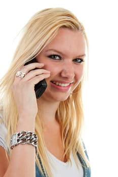 Young blonde woman is calling on the phone over white background