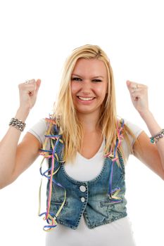 young blonde birthday woman with party streamers over white background