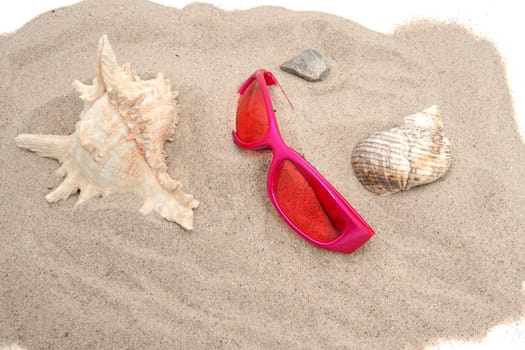 Pink sunglasses on the beach with shells