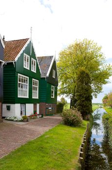 View over typical Dutch houses and nature in the village Marken, the Netherlands