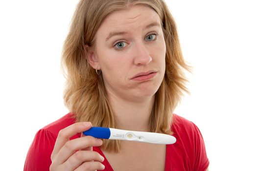 woman in despair, she is pregnant again and shows her test over white background