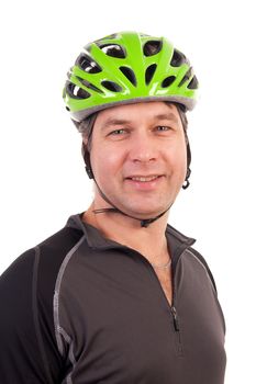 portrait of a cyclist in closeup over white background