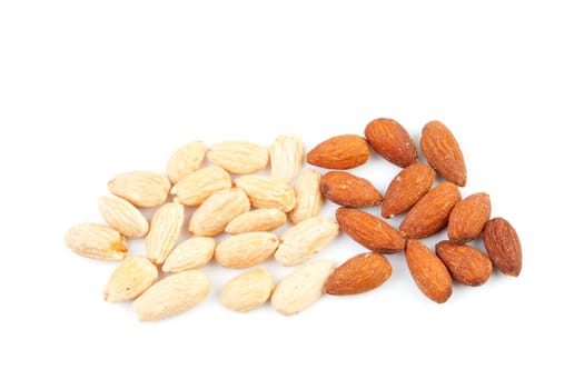 peeled and unpeeled almond nuts isolated on white background