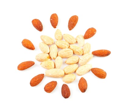 peeled and unpeeled almond nuts in shape of sun isolated on white background