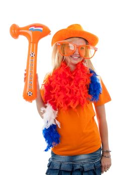 soccer supporter in orange outfit with blown up hammer over white background