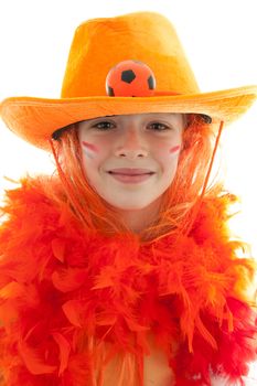 Young Dutch soccer supporter in orange outfit over white background