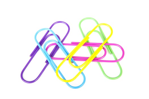 Five colorful paperclips isolated on white background