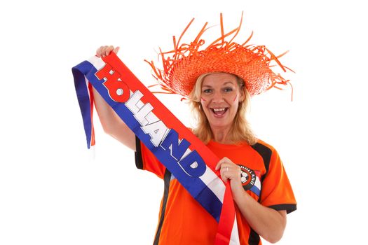 Dutch female soccer supporter in orange outfit holding scarf ready for the match over white background