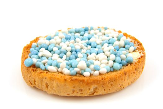 Rusk with blue and white mice, it's a boy! Over white background