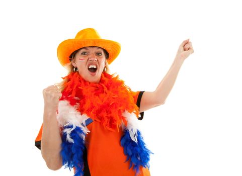 Female Dutch soccer supporter is screaming goal over white background