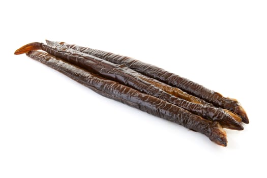 pile of Dutch smoked eel isolated on white background