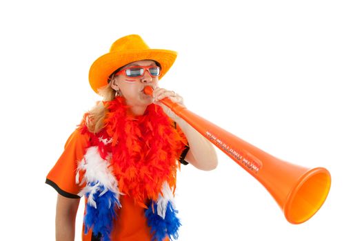 Female Dutch soccer supporter with orange plastic vuvuzela over white background