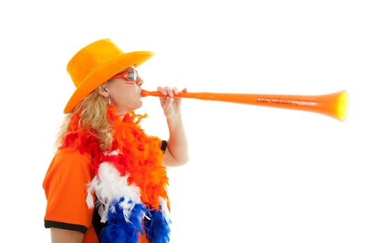 Female Dutch soccer supporter with orange plastic vuvuzela over white background