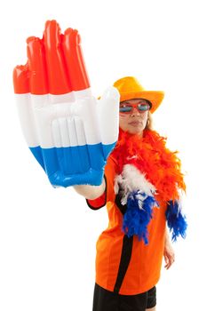 Female Dutch soccer supporter with blown up hand with flag ( red white blue) over white background