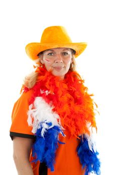 portrait of Dutch soccer supporter in orange outfit over white background