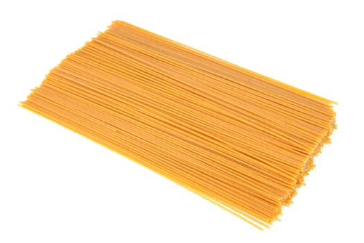 bundle of raw spaghetti over white background
