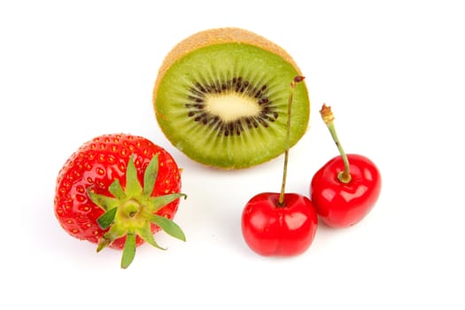fresh fruits with strawberry, cherries and kiwi over white background