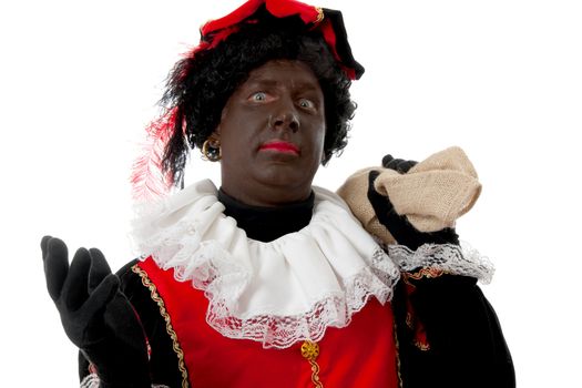 surprised Zwarte piet ( black pete) typical Dutch character part of a traditional event celebrating the birthday of  Sinterklaas in december over white background