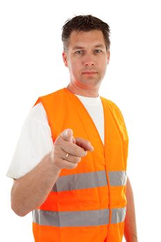 man in safety vest over white background is pointing at you