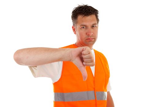 man in safety vest with thums down over white background