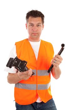 man in safety vest holding car breakdown jack over white background